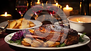 Christmas duck breast, fried crispy, surrounded by rustic potatoes and vegetables.