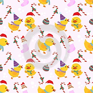 Christmas duckling wear santa`s hat seamless pattern