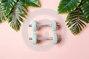 Christmas dumbbells flat lay with palm leaves. New Year new you, concept of sport, winter sale season, healthy lifestyle, gym