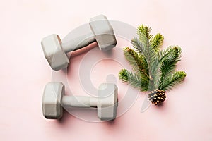 Christmas dumbbells flat lay with pine branches. New Year new you, concept of sport, winter sale season, healthy lifestyle, gym