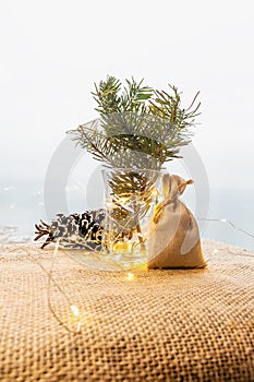 Christmas eco composition with lights, christmas tree branch and pine cone