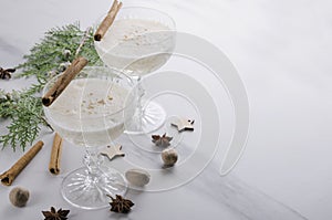 Christmas eggnog drink.Old-fashioned cocktail glasses, eggnog, cinnamon sticks, nutmeg and fir tree branch on the white table.Empt photo