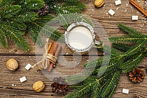 Christmas eggnog liqueur or cola de mono cocktail. Classical winter drink in glass mug, xmas decorations. Evergreen branches,