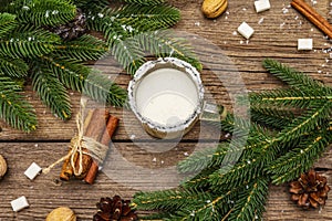 Christmas eggnog liqueur or cola de mono cocktail. Classical winter drink in glass mug, xmas decorations. Evergreen branches,