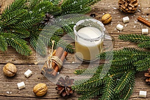 Christmas eggnog liqueur or cola de mono cocktail. Classical winter drink in glass mug, xmas decorations. Evergreen branches,