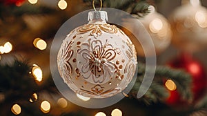 Christmas Elegance a stunning white and gold Christmas ornament, elegantly hanging from a festive tree with a soft glow of lights