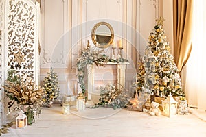 Christmas Elegant interior, beige and gold, decorative stucco.