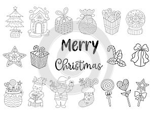 Christmas elements black line collection designed in doodle style