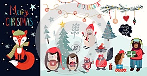 Christmas elements collection with Christmas greeting card