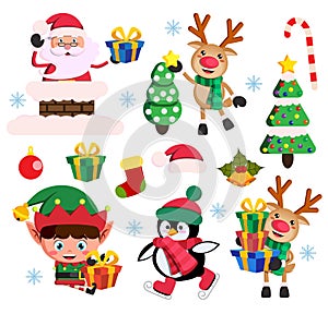 Christmas elements flat vector set with santa claus, elf and reindeer characters