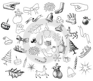 Christmas elements hand drawing vintage style black and white clip art