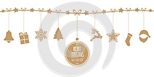 Christmas elements hanging line gold isolated background