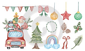 Christmas elements illustration Designed with watercolor graphics techniques on a white background