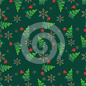 Christmas elements seamless pattern with Christmas tree, Christmas ball and snowflakes.