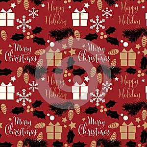 Christmas elements seamless pattern with gift box,snowflakes,pine nut, star and holly berries on red background.