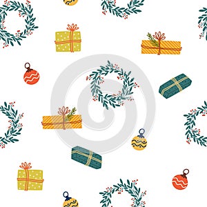 Christmas elements seamless pattern. Winter Background, kids wallpaper for fabric, textile, clothes, paper, fabric, scrapbooking,