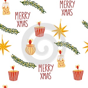 Christmas elements seamless pattern. Winter Background, kids wallpaper for fabric, textile, clothes, paper, fabric, scrapbooking,