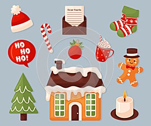 Christmas elements set with gingerbread house pine tree and socks vector