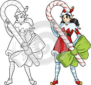 Christmas elf Asian girl with Candy lineart