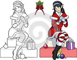 Christmas elf Asian girl with mistletoe lineart