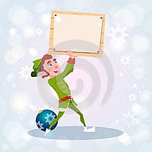 Christmas Elf Boy Cartoon Character Santa Helper Hold Empty Sign Board Banner