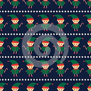Christmas elf with candy cane and xmas stars seamless pattern on dark blue background.