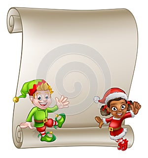 Christmas Elf Cartoon Characters Scroll Sign