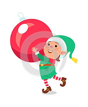 Christmas elf. Cartoon funny magical creature, little helper of Santa Claus, christmas gnome, kids with xmas tree