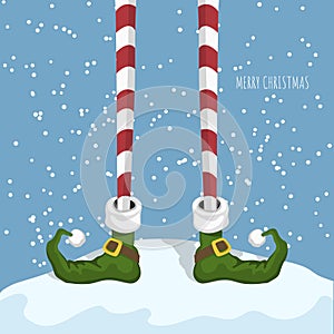 Christmas elf in cartoon style. Santas helper in green shoes. Greeting card with funny legs. Fantasy character