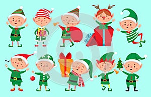 Christmas elf character. Santa Claus helpers cartoon, cute dwarf elves fun characters vector isolated