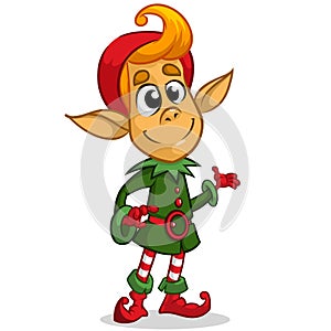 Christmas elf character in Santa hat. Illustration of Christmas greeting card with cute elf