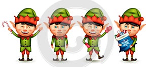 Christmas elf character vector set. Boy elves 3d characters waving, holding and giving candy cane gifts for cute santa`s dwarfs.