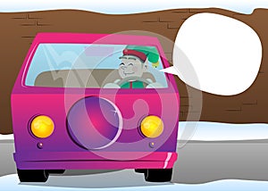 Christmas Elf driving, holding a steering wheel.