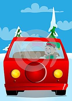 Christmas Elf driving, holding a steering wheel.