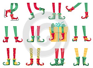 Christmas elf feet. Santa claus helpers, cute elves legs in boots and striped socks. Dwarf leg and gifts, xmas present