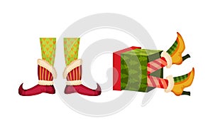 Christmas elf feet set. Gnome or leprechaun legs with funny socks and boots. Xmas holiday decor elements vector