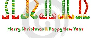Christmas elf foot congratulation banner. Dwarf legs dancing in stripes bright socks and pants. Cartoon xmas holidays