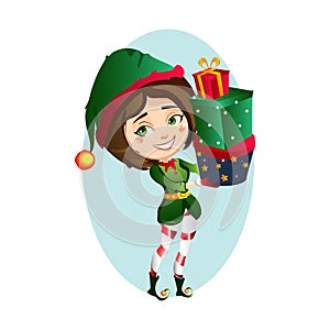 Christmas elf girl bears for a big bag of gifts
