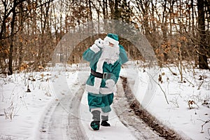 Christmas Elf in green suit dress brings walking through the winter forest carrying Christmas presents on and looking away
