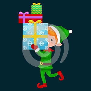 Christmas elf isolated stack of gifts in box in a green suit with, assistant of Santa Claus, boy helper holding gifts
