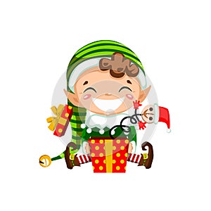 Christmas elf laughing and surprised by jack in the box. Vector illustration