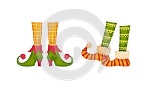 Christmas elf legs with cute funny socks and boots. Xmas holiday decor elements vector illustration