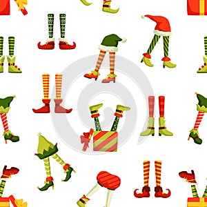 Christmas elf legs flat vector seamless pattern. Funny new year, winter holiday themed texture. Colorful clown, jester