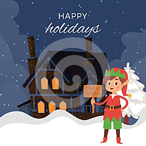 Christmas elf on night winter landscape with cartoon cottage house with light in windows vector cartoon illustration