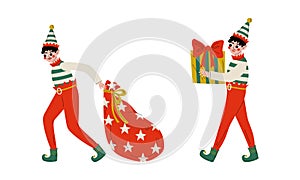 Christmas Elf with Pointy Ears and Hat as Santa Helper Carrying Gift Box and Sack Vector Set