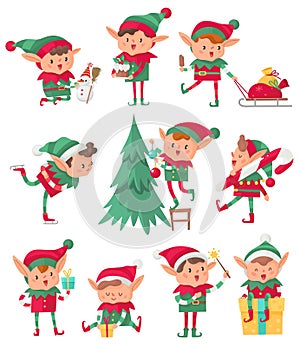 Christmas elf. Santa Claus cute fantasy helpers, adorable elves with holiday gifts and decorations, happy dwarf cartoon