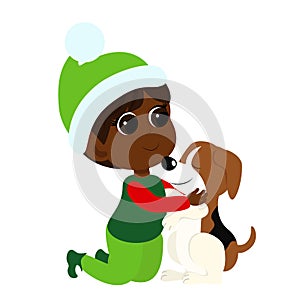 Christmas elf sits and hugs a puppy. The boy and the pet are happy. The mood of joy. Winter holiday cartoon illustration.