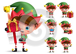 Christmas elf vector character set. Boy elves with green costume holding gifts