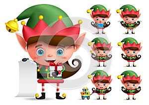 Christmas elf vector character set. Girl elves with green costume holding gifts