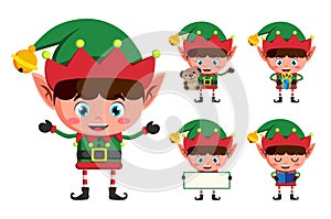 Christmas elf vector character set. Young boy elves cartoon charcaters